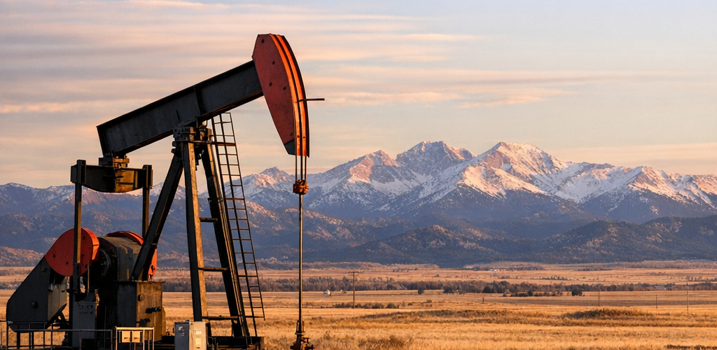 Oil pumpjack operating in a wide open western landscape near the Rocky Mountains at sunset