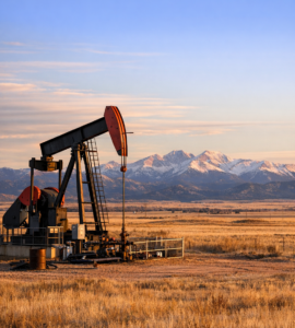 Oil pumpjack operating in a wide open western landscape near the Rocky Mountains at sunset