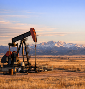Oil pumpjack operating in a wide open western landscape near the Rocky Mountains at sunset