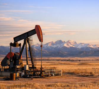 Oil pumpjack operating in a wide open western landscape near the Rocky Mountains at sunset