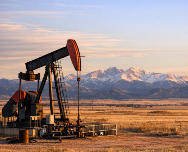 Oil pumpjack operating in a wide open western landscape near the Rocky Mountains at sunset