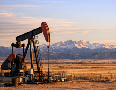 Oil pumpjack operating in a wide open western landscape near the Rocky Mountains at sunset