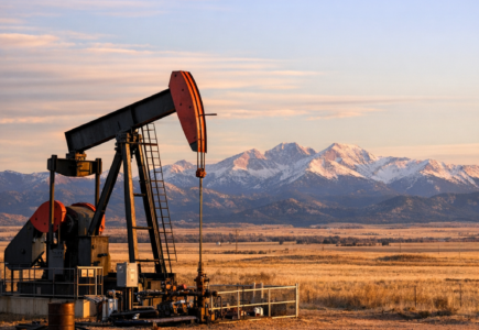 Oil pumpjack operating in a wide open western landscape near the Rocky Mountains at sunset