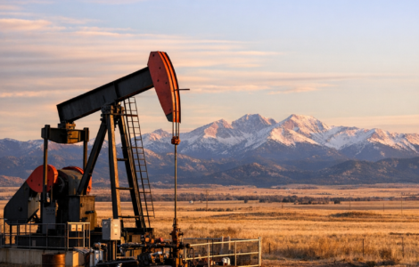 Oil pumpjack operating in a wide open western landscape near the Rocky Mountains at sunset