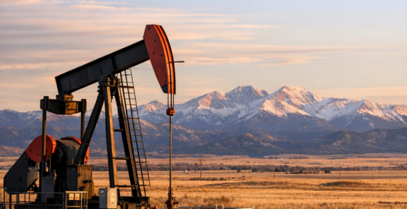 Oil pumpjack operating in a wide open western landscape near the Rocky Mountains at sunset