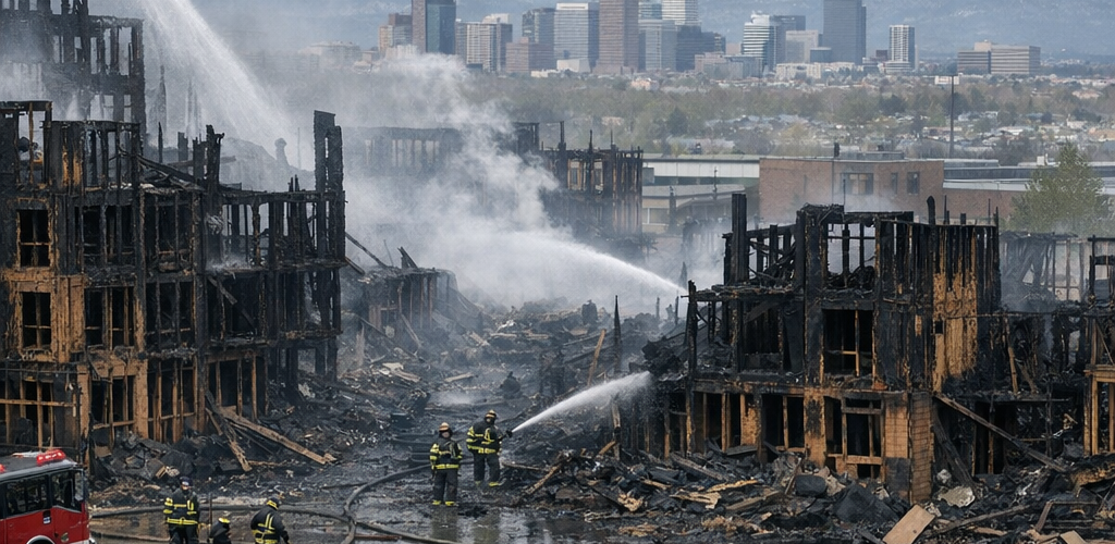Denver apartment fire accountability scene with scorched construction site
