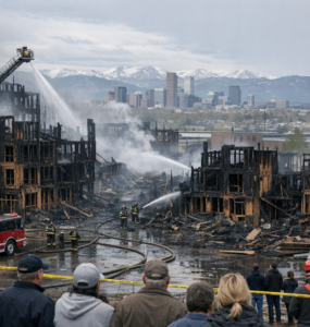 Denver apartment fire accountability scene with scorched construction site