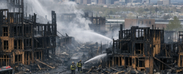 Denver apartment fire accountability scene with scorched construction site