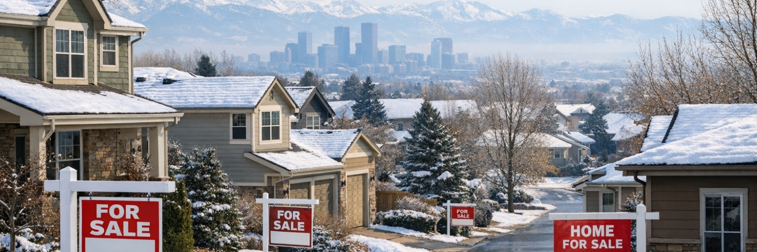 Colorado housing market stalled with homes and the Denver skyline in winter