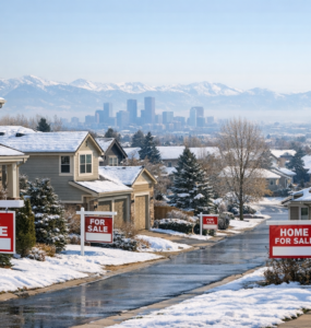 Colorado housing market stalled with homes and the Denver skyline in winter