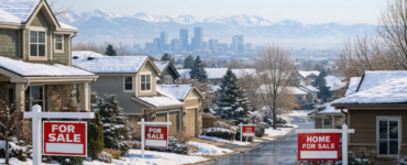 Colorado housing market stalled with homes and the Denver skyline in winter