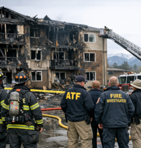 Fire crews respond to a damaged apartment building after a Denver apartment fire