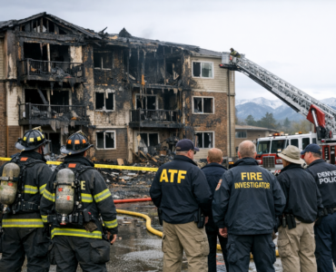 Fire crews respond to a damaged apartment building after a Denver apartment fire