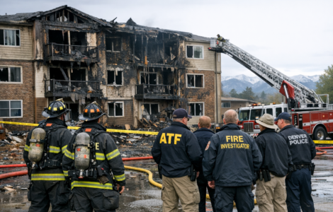 Fire crews respond to a damaged apartment building after a Denver apartment fire