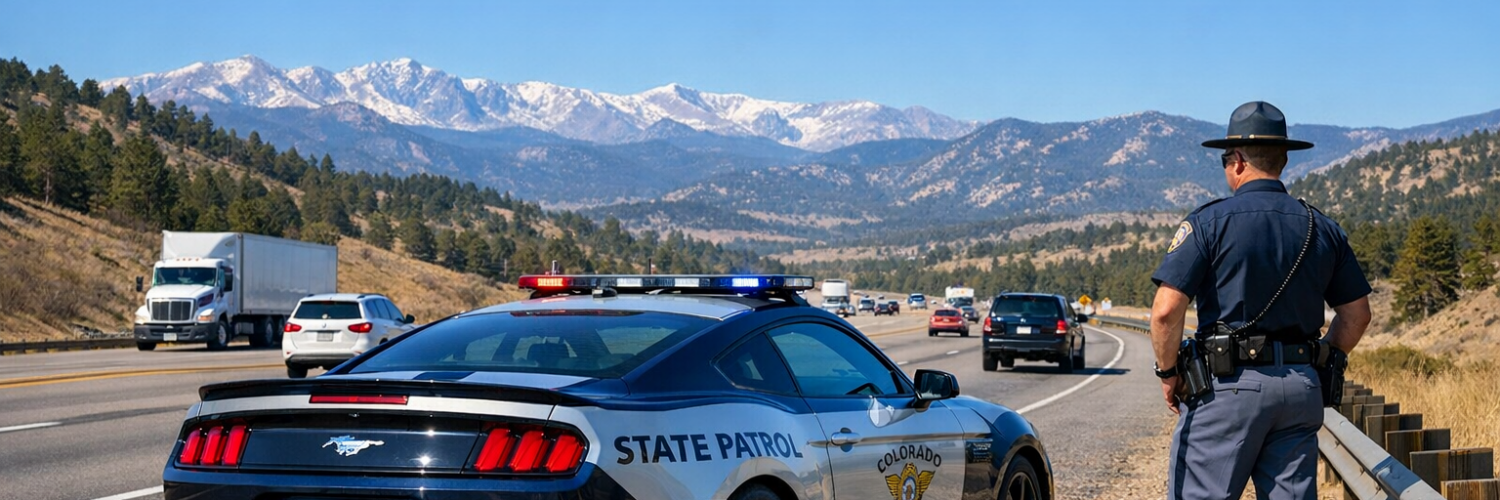 Colorado State Patrol Mustang on a Colorado highway