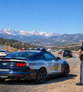 Colorado State Patrol Mustang on a Colorado highway