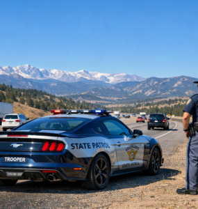 Colorado State Patrol Mustang on a Colorado highway
