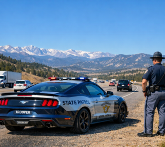 Colorado State Patrol Mustang on a Colorado highway