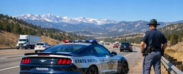Colorado State Patrol Mustang on a Colorado highway