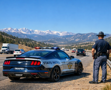 Colorado State Patrol Mustang on a Colorado highway